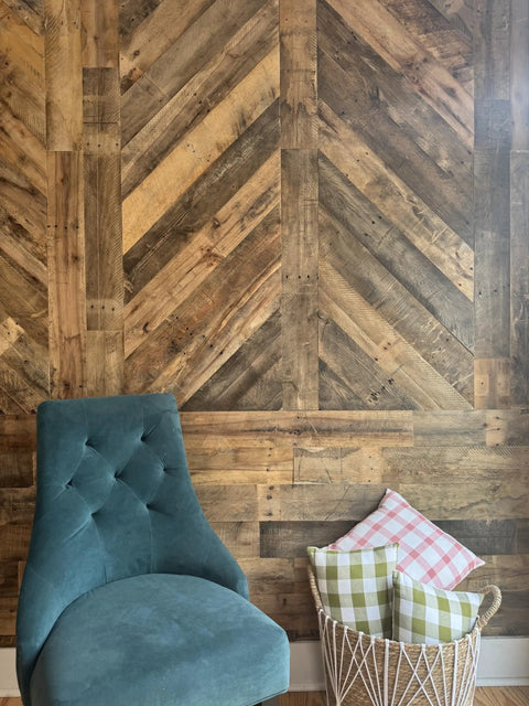 Chevron pattern wall from Reclaimed Wood Plank Set For DIY Rustic Accent Wall With Multi Width And Color Kiln Dried And Easy To Install Vintage Vibe From WWII Shipping Containers 10 Sq Ft Coverage Ideal For Home Renovation And Farmhouse Decor.