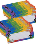 Paw Print Desk Plates For Classrooms Durable Cardstock Learning Tools 24 Pieces shown in rainbow colors with paw print design
