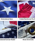 Close-up of embroidered stars, reinforced fly hem, canvas header, and brass grommets on Heavy Duty 3x5 Ft American Flag For Porch Or Yard Made In USA FMAA Certified UV Resistant 210D Outdoor Nylon With Embroidered Stars Sewn Stripes Brass Grommets Reinforced Fly End For High Wind Outdoor Displays