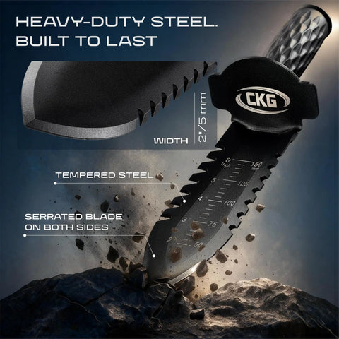 Beefy Heavy Duty Metal Detecting Shovel With Double Serrated Blade For Digging Through Roots Rocks And Clay, rugged steel build