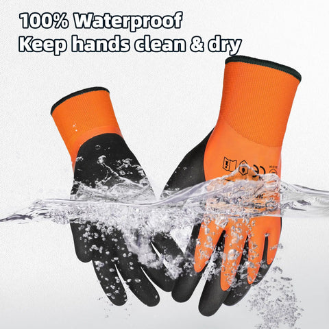 Waterproof work gloves for men and women, size large, orange and black, double latex coated, non-slip grip, shown in water.