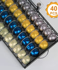 Nespresso Pod Drawer Organizer With Crystal Tempered Glass Tray Holds 40 Vertuo Pods, shown filled with colorful capsules.