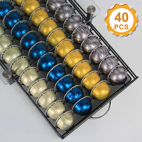 Nespresso Pod Drawer Organizer With Crystal Tempered Glass Tray Holds 40 Vertuo Pods, shown filled with colorful capsules.