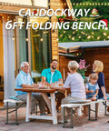 Heavy Duty 6ft Folding Bench With Secure Handle Lock Waterproof Patio Seat Two Pack in outdoor dining setting.