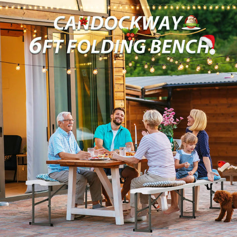 Heavy Duty 6ft Folding Bench With Secure Handle Lock Waterproof Patio Seat Two Pack in outdoor dining setting.