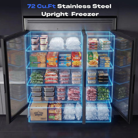 Workhorse Commercial Upright Freezer 72 Cubic Feet Stainless Steel Reach In Display Cabinet with glass doors and stocked food items.