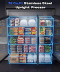 Huge 72 Cubic Foot Commercial Freezer Three Glass Doors Stainless Steel Reach In Display Merchandiser with adjustable racks filled with food.