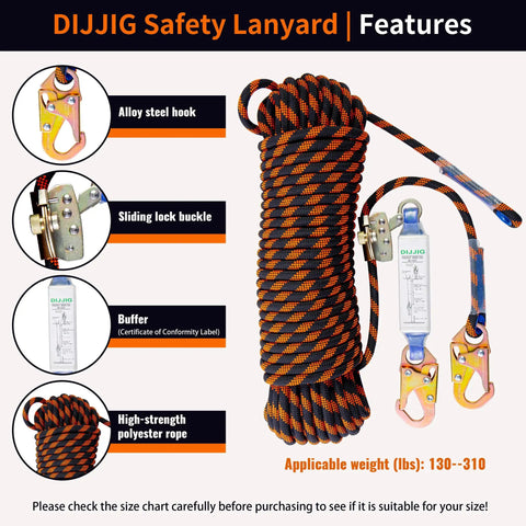 Heavy Duty Roof Safety Rope Lanyard 25Ft With Grab Snap Hooks And Shock Absorber Fall Protection coiled with steel hooks