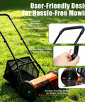 Effortless 14-Inch 5-Blade Push Reel Lawn Mower For Small Yards, Manual Walk-Behind With 5-Position Height Adjustment, Alloy Steel Blades, Quiet Lightweight, Motorless Design For Clean, No-Fuss Cuts, orange reel mower on grass