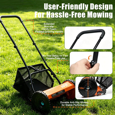 Effortless 14-Inch 5-Blade Push Reel Lawn Mower For Small Yards, Manual Walk-Behind With 5-Position Height Adjustment, Alloy Steel Blades, Quiet Lightweight, Motorless Design For Clean, No-Fuss Cuts, orange reel mower on grass