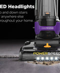 Upright vacuum cleaner, purple PowerSpeed with LED headlights and cord rewind, front view.