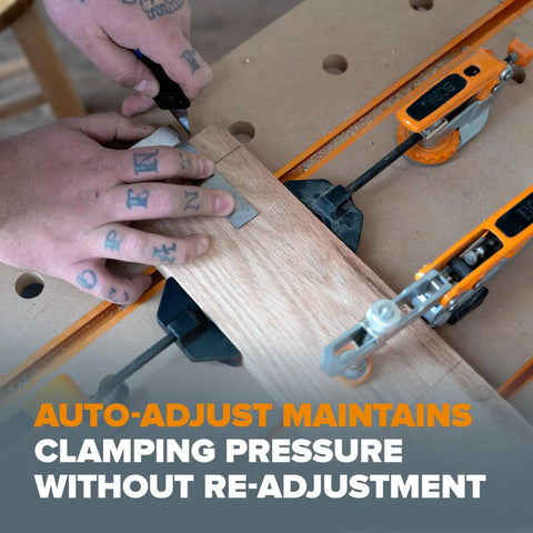 Auto-Adjust Bench Dog Clamp For 3/4 Bench Dog Holes, 3.75 Inch Capacity, Heavy Duty Steel Toggle Clamp For Woodworking, Precision Push Rod Clamp, Built Tough For Quick, No-Fuss Setup on wood board
