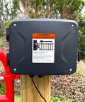 Workhorse 12 Volt 7 Ah Sealed Lead Acid Battery And Rugged Weatherproof Enclosure Kit With Complete Harnesses And Mounting Hardware For Gate Openers No Sweat Setup warning sign on battery enclosure.
