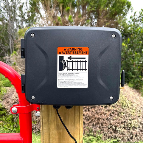 Workhorse 12 Volt 7 Ah Sealed Lead Acid Battery And Rugged Weatherproof Enclosure Kit With Complete Harnesses And Mounting Hardware For Gate Openers No Sweat Setup warning sign on battery enclosure.
