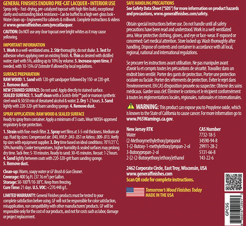 Label of Enduro Pre Cat Lacquer Semi Gloss Water Based Interior Finish, 1 Gallon, product instructions and safety guidelines.