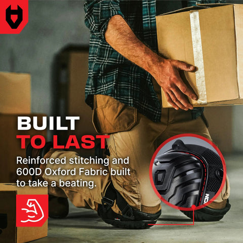 Person kneeling with boxes wearing Heavy Duty Gel Knee Pads For Work with reinforced stitching and durable fabric.