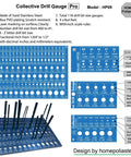 3 In 1 Stainless Steel Drill Bit Gauge Pro With 118 Holes, ultra precise 0.0008 inches, blue PVD finish, shown with drill bits inserted