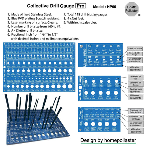 3 In 1 Stainless Steel Drill Bit Gauge Pro With 118 Holes, ultra precise 0.0008 inches, blue PVD finish, shown with drill bits inserted