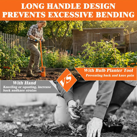 Person using 5 In 1 Bulb Planter Weeder Sod Plugger Soil Sampler Flower Planting Tool Set With Enhanced Edge, 33.5 inch handle