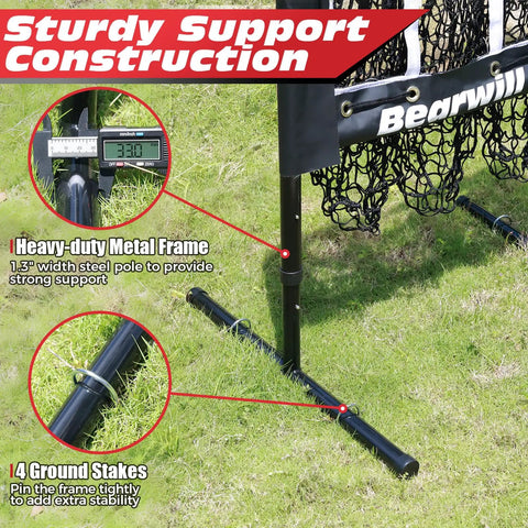 9 Hole Pitching Net With Adjustable Height And 18 By 22 Strike Zone Baseball And Softball Practice Target showing metal frame and ground stakes