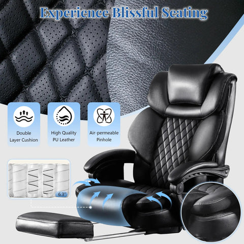 3D Kneading Massage Office Chair For Home Office Oversized Big And Tall Ergonomic Desk Chair with Footrest Wide Upholstered Seat Reclining Back Heavy Duty 600LBS Capacity Comfortable Computer Chair For Long Workdays, black PU leather with diamond-stitch pattern and footrest extended.