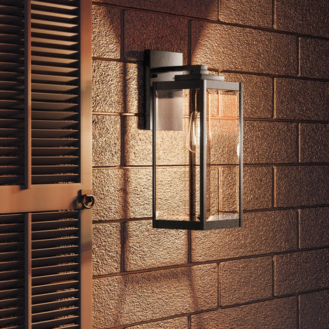 Westover 17 Inch Outdoor Wall Sconce 1 Light Earth Black Finish With Clear Beveled Glass E26 Base on brick wall