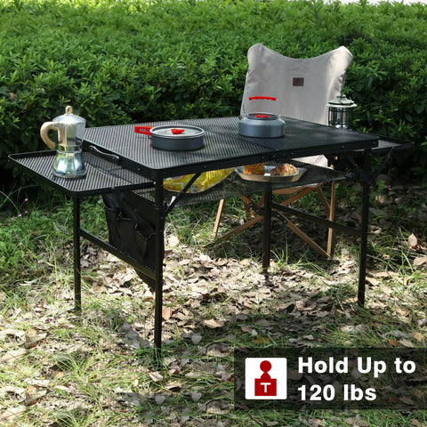 Folding Grill Table With Extendable Wing Panels, 3x2 Ft Portable Camping Table, mesh desktop, outdoors, holds up to 120 lbs