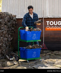Tough As Nails Heavy Duty Recycle Bin Cart With Aluminum Frame And Stainless Steel Hardware Manages Four Hundred Pounds, outdoors with logs.