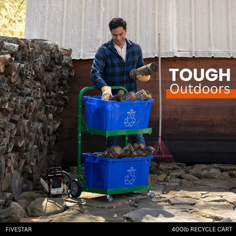 Tough As Nails Heavy Duty Recycle Bin Cart With Aluminum Frame And Stainless Steel Hardware Manages Four Hundred Pounds, outdoors with logs.