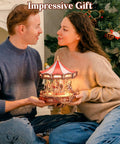 Couple holding Wooden 3D Puzzle Carousel Music Box Kit with Lights for adults, nostalgic carnival decor, holiday gift idea