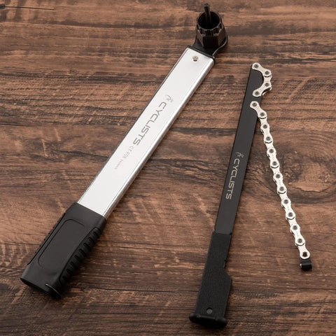 Two In One Chain Whip And Lockring Tool For Cassettes displayed on wood surface
