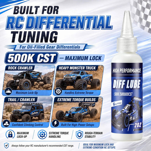 Rock Hard 2 Oz Rc Differential Oil 500K Cst Silicone Fluid for RC tuning, shows label with max lock-up info and usage details.