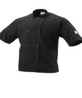 Badass Short Sleeve Chef Jacket In Sharp Black Features Double Breasted Front And Full Mesh Back For Sweet Kitchen Airflow Built From Tough Poly Cotton Twill That Fights Wrinkles And Holds Up Daily In Comfortable 2XL.
