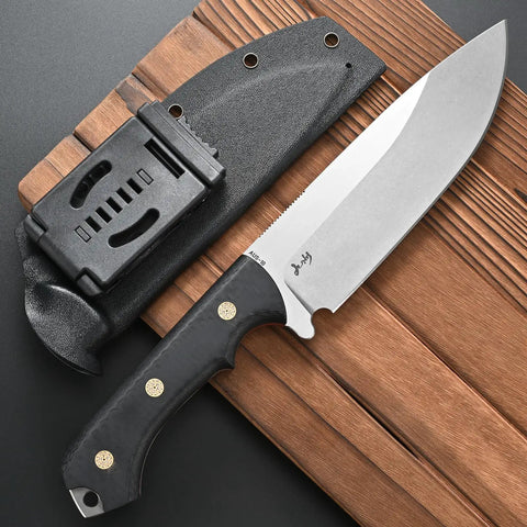 Rugged AUS 10 Fixed Blade Knife With Carbon Fiber Handle Full Tang Outdoor Survival Knife With Sheath on wooden surface.
