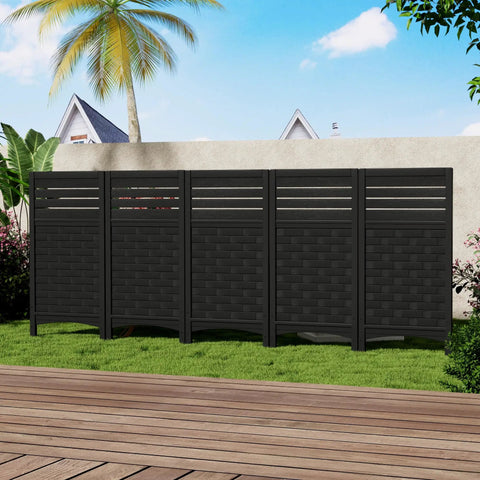 Outdoor Privacy Fence Panels For Yard And Garden Keep Nosy Neighbors Out, Resin HDPE Panels To Hide Pool Equipment A C Units And Trash Cans, 4 Pack Black, Each Panel 45 Inches High By 22 Inches Wide, Easy Install And Durable Screen Enclosures placed in a garden setting