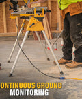 100 Foot 10 By 3 SJTW Lighted Extension Cord for outdoor use, connected to power tool on construction site, weatherproof design