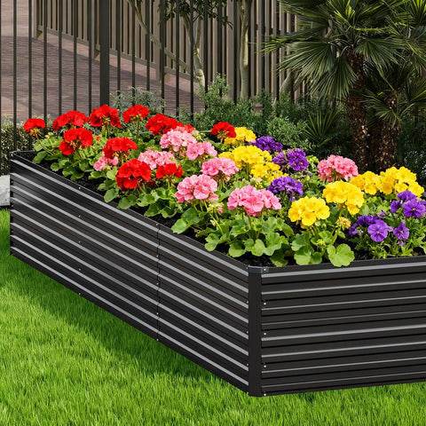 Deep 24 Inch Galvanized Raised Garden Bed Kit For Outdoor Planting Large Planter Box For Flowers Vegetables And Herbs Deep Root Design Baseless Ground Level Raised Bed Garden Black filled with colorful flowers.