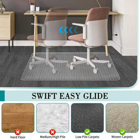 Clear Carpet Chair Mat For Low Carpeted Floors Thick 2.2mm Protector With Easy Glide And Flat Surface Office Desk Chair Mat To Shield Carpets From Rolling Casters 30 By 48 Inches shown in an office setting under a chair on a low-pile carpet.