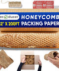 Top Tier Honeycomb Packing Paper Bubble Wrap Alternative For Moving Supplies Stretchy Kraft Cushion Roll in 12" x 200ft size with jute twine.