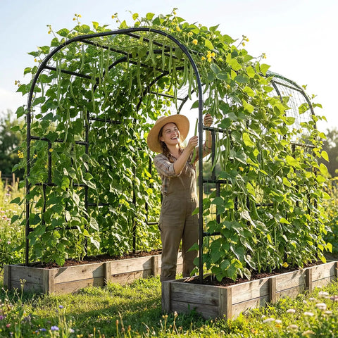 87 Inch Tall Garden Arch Trellis For Climbing Plants Outdoor Black Plastic Coated Metal Cucumber Arbor with greenery