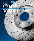 Close-up of Detroit Axle drilled and slotted rotor from 10 Piece Drilled And Slotted Brake Kit With Ceramic Pads For Toyota Highlander Sienna Lexus RX350 RX450H Featuring 12.91 Front Rotors And 12.17 Rear Rotors For Street Ready Stopping Power And Everyday City Highway Driving