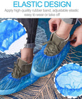 Disposable Shoe Covers One Size Fits All Super Durable CPE Material Waterproof Non Slip Dust Proof Boot Covers For Floors And Carpets Blue 100 Pack 50 Pairs Thick Tear Resistant Pro Grade on foot with elastic band
