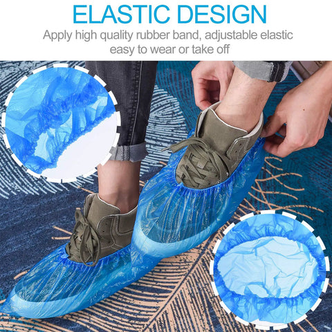 Disposable Shoe Covers One Size Fits All Super Durable CPE Material Waterproof Non Slip Dust Proof Boot Covers For Floors And Carpets Blue 100 Pack 50 Pairs Thick Tear Resistant Pro Grade on foot with elastic band