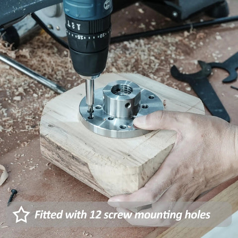 No Nonsense Heavy Duty 4 Inch Steel Wood Lathe Faceplate With 1x8TPI Spindle, drilling into wooden block with 12 screw holes.