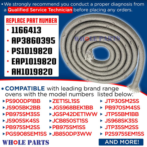 Upgraded Whole Range Oven Door Gasket With 25 Mounting Clips Replacement WB04T10050 displayed with compatibility info.