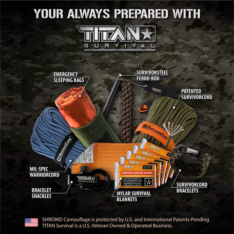 Outdoor survival gear including emergency sleeping bags, Mylar blankets, and bungee cords for camping.