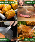 134 Piece Griddle Accessories Kit For Hibachi Flat Top Grills Perfect For Outdoor BBQs showing vegetable fork, grill fork, fish scoop, meat injector.