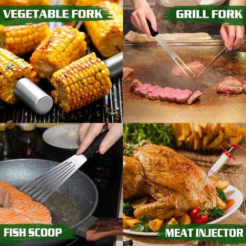 134 Piece Griddle Accessories Kit For Hibachi Flat Top Grills Perfect For Outdoor BBQs showing vegetable fork, grill fork, fish scoop, meat injector.