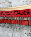 Red Real Tough Heavy Duty Lockout Tagout Locks Station holds 20 padlocks, mounted on wall for industrial worksites with steel construction.