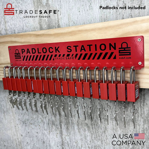 Red Real Tough Heavy Duty Lockout Tagout Locks Station holds 20 padlocks, mounted on wall for industrial worksites with steel construction.